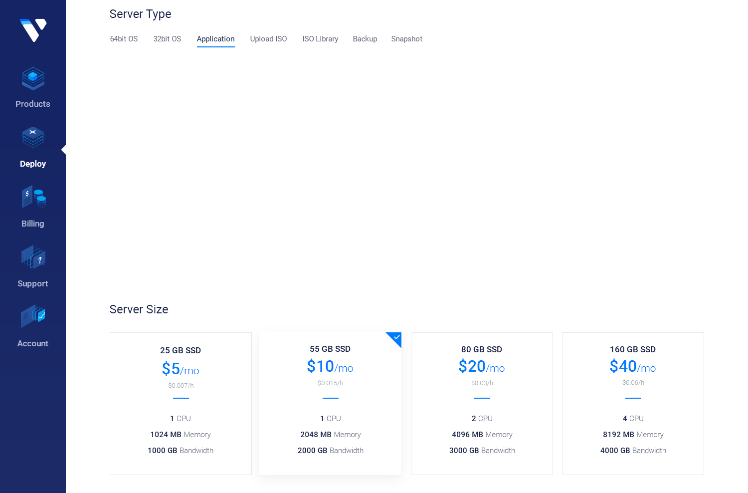 Preview of the Vultr server deploy page control panel for OpenVPN Access Server on a web browser.