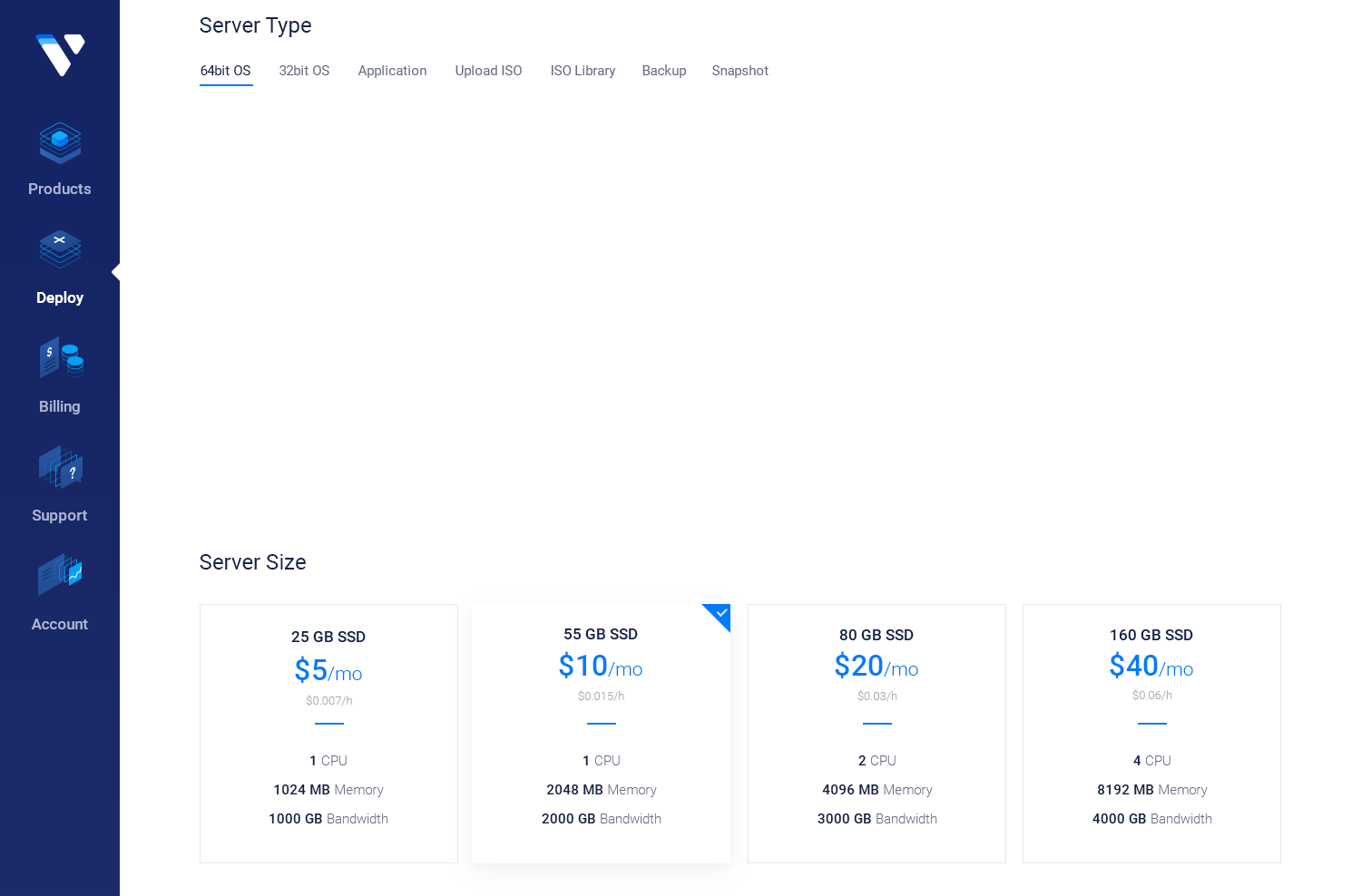 Preview of the Vultr server deploy page control panel for Rocky Linux on a web browser.