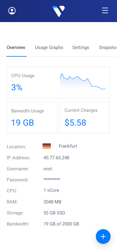 Preview of the Vultr management interface for OpenVPN Access Server on a mobile device.